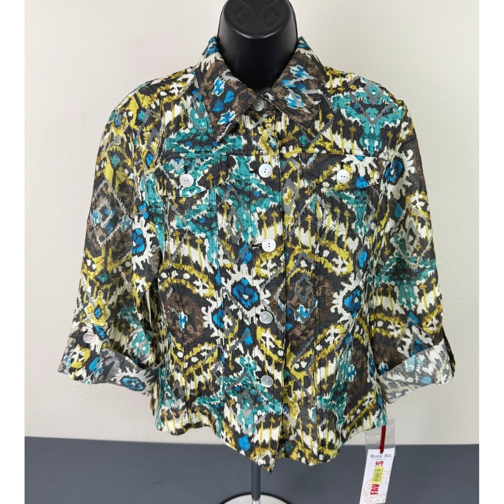 Ruby Rd. Womens Lightweight Ikat Geo Burnout Blouse Button Down Green 8 NWT
